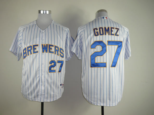 Men Milwaukee Brewers #27 Gomez White Stripe MLB Jerseys->milwaukee brewers->MLB Jersey